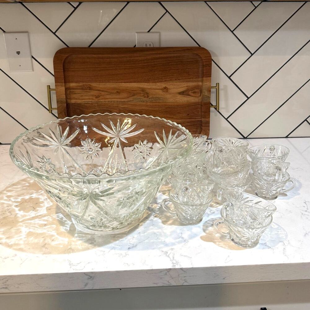 vintage Anchor Hocking "Early American Prescut" (EAPC) punch bowl & cups x16